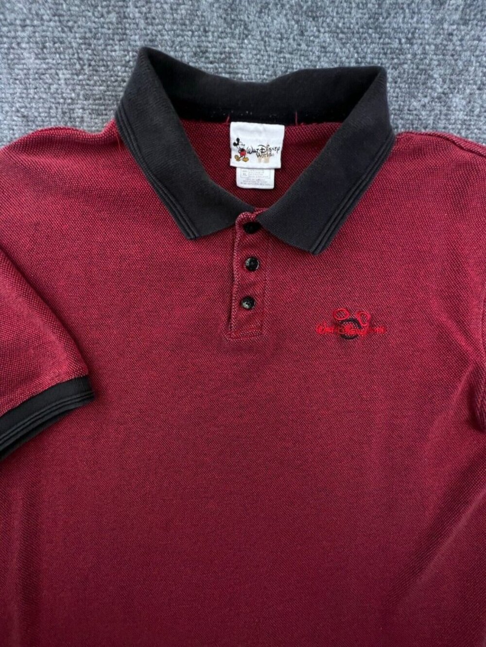 Walt Disney World Red Black Trim Polo Shirt Short Sleeve Cotton XL W Logo Men